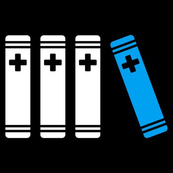 Medical Books raster icon. Style is bicolor flat symbol, blue and white colors, rounded angles, black background.
