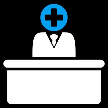 Medical Bureaucrat raster icon. Style is bicolor flat symbol, blue and white colors, rounded angles, black background.