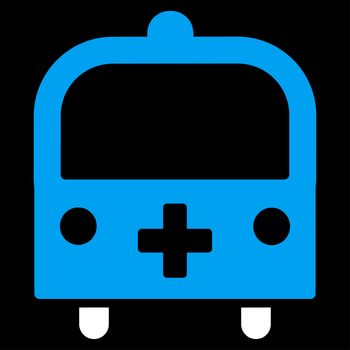 Medical Bus raster icon. Style is bicolor flat symbol, blue and white colors, rounded angles, black background.