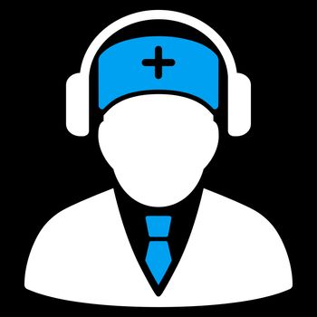 Medical Call Center raster icon. Style is bicolor flat symbol, blue and white colors, rounded angles, black background.