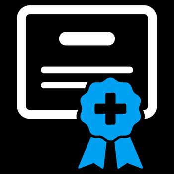 Medical Certification raster icon. Style is bicolor flat symbol, blue and white colors, rounded angles, black background.