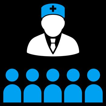 Medical Class raster icon. Style is bicolor flat symbol, blue and white colors, rounded angles, black background.
