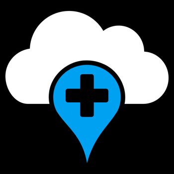 Medical Cloud raster icon. Style is bicolor flat symbol, blue and white colors, rounded angles, black background.