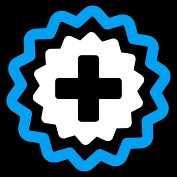 Medical Cross Stamp raster icon. Style is bicolor flat symbol, blue and white colors, rounded angles, black background.