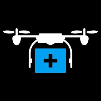 Medical Drone Shipment raster icon. Style is bicolor flat symbol, blue and white colors, rounded angles, black background.