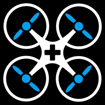 Medical Drone raster icon. Style is bicolor flat symbol, blue and white colors, rounded angles, black background.