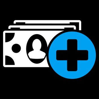 Medical Expences raster icon. Style is bicolor flat symbol, blue and white colors, rounded angles, black background.