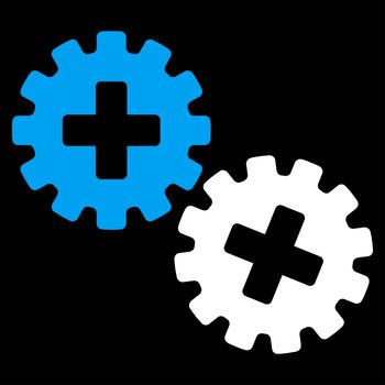 Medical Gears raster icon. Style is bicolor flat symbol, blue and white colors, rounded angles, black background.