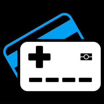Medical Insurance Cards raster icon. Style is bicolor flat symbol, blue and white colors, rounded angles, black background.