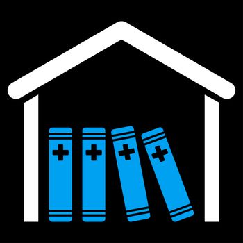 Medical Library raster icon. Style is bicolor flat symbol, blue and white colors, rounded angles, black background.