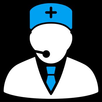 Medical Manager raster icon. Style is bicolor flat symbol, blue and white colors, rounded angles, black background.