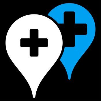 Medical Map Markers raster icon. Style is bicolor flat symbol, blue and white colors, rounded angles, black background.