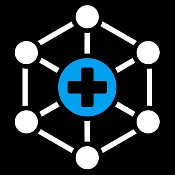 Medical Network raster icon. Style is bicolor flat symbol, blue and white colors, rounded angles, black background.
