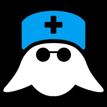 Medical Nurse Head raster icon. Style is bicolor flat symbol, blue and white colors, rounded angles, black background.
