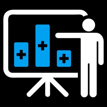 Medical Public Report raster icon. Style is bicolor flat symbol, blue and white colors, rounded angles, black background.