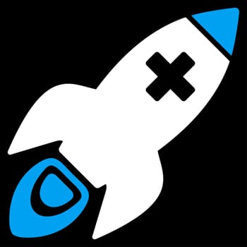 Medical Rocket raster icon. Style is bicolor flat symbol, blue and white colors, rounded angles, black background.