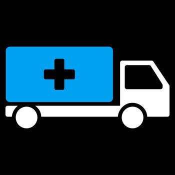 Medical Shipment raster icon. Style is bicolor flat symbol, blue and white colors, rounded angles, black background.
