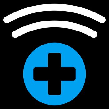 Medical Source raster icon. Style is bicolor flat symbol, blue and white colors, rounded angles, black background.