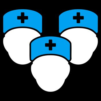 Medical Staff raster icon. Style is bicolor flat symbol, blue and white colors, rounded angles, black background.