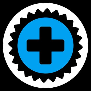 Medical Stamp raster icon. Style is bicolor flat symbol, blue and white colors, rounded angles, black background.