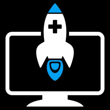 Medical Startup raster icon. Style is bicolor flat symbol, blue and white colors, rounded angles, black background.
