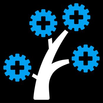 Medical Technology Tree raster icon. Style is bicolor flat symbol, blue and white colors, rounded angles, black background.