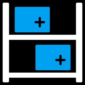 Medical Warehouse raster icon. Style is bicolor flat symbol, blue and white colors, rounded angles, black background.