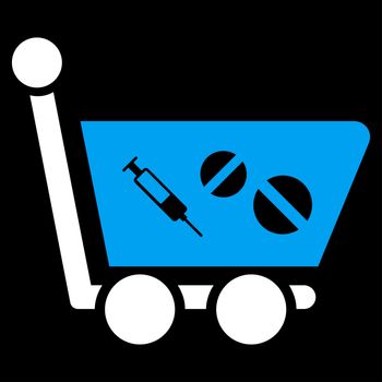 Medication Shopping Cart raster icon. Style is bicolor flat symbol, blue and white colors, rounded angles, black background.