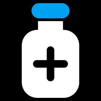 Medication Vial raster icon. Style is bicolor flat symbol, blue and white colors, rounded angles, black background.