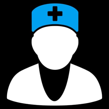 Medic raster icon. Style is bicolor flat symbol, blue and white colors, rounded angles, black background.