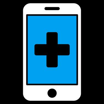 Mobile Medicine raster icon. Style is bicolor flat symbol, blue and white colors, rounded angles, black background.