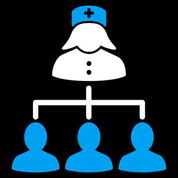 Nurse Patients Connections raster icon. Style is bicolor flat symbol, blue and white colors, rounded angles, black background.