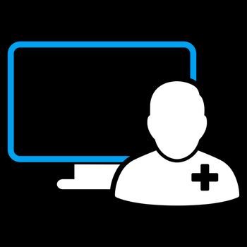 Online Doctor raster icon. Style is bicolor flat symbol, blue and white colors, rounded angles, black background.