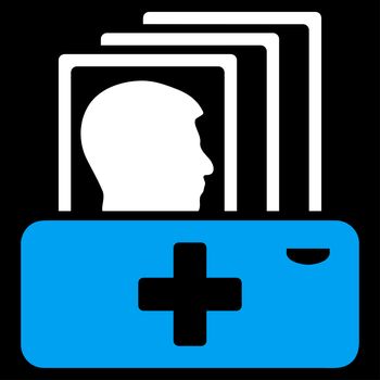 Patient Catalog raster icon. Style is bicolor flat symbol, blue and white colors, rounded angles, black background.