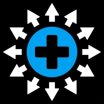 Pharmacy Distribution raster icon. Style is bicolor flat symbol, blue and white colors, rounded angles, black background.