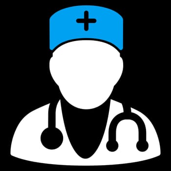 Physician raster icon. Style is bicolor flat symbol, blue and white colors, rounded angles, black background.