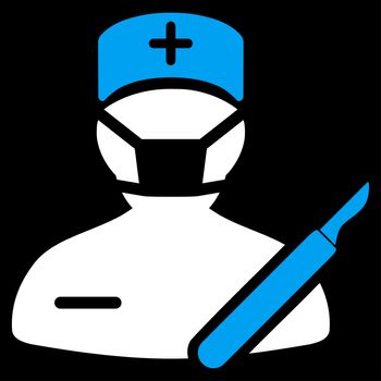 Surgeon raster icon. Style is bicolor flat symbol, blue and white colors, rounded angles, black background.