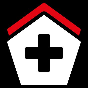 Clinic Building raster icon. Style is bicolor flat symbol, red and white colors, rounded angles, black background.