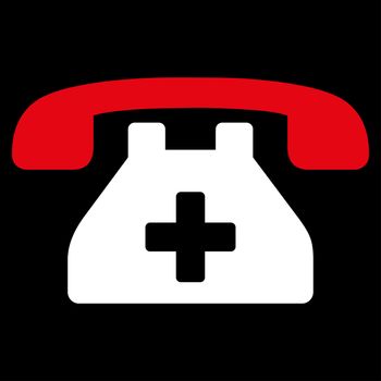 Clinic Phone raster icon. Style is bicolor flat symbol, red and white colors, rounded angles, black background.