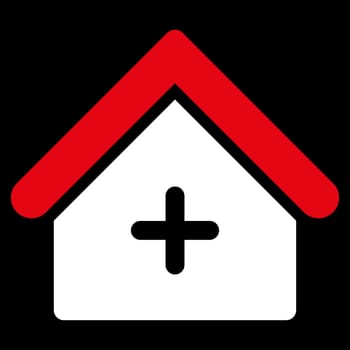 Clinic raster icon. Style is bicolor flat symbol, red and white colors, rounded angles, black background.