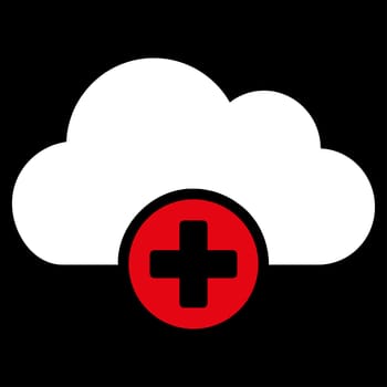 Cloud Medicine raster icon. Style is bicolor flat symbol, red and white colors, rounded angles, black background.