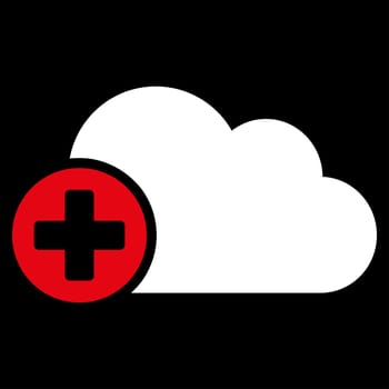 Create Cloud raster icon. Style is bicolor flat symbol, red and white colors, rounded angles, black background.