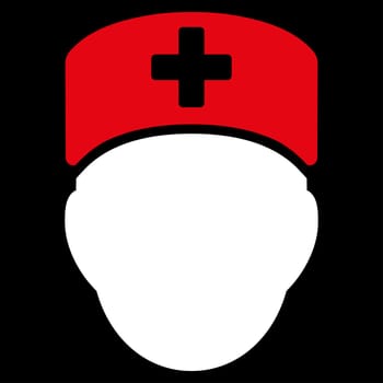 Doctor Head raster icon. Style is bicolor flat symbol, red and white colors, rounded angles, black background.
