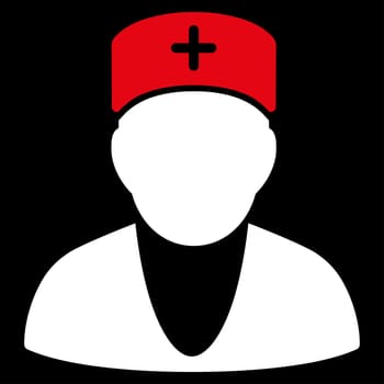 Doctor raster icon. Style is bicolor flat symbol, red and white colors, rounded angles, black background.