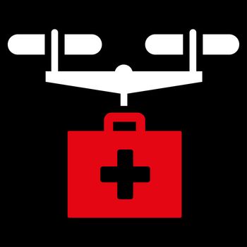 Drug Drone Delivery raster icon. Style is bicolor flat symbol, red and white colors, rounded angles, black background.