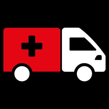 Drug Shipment raster icon. Style is bicolor flat symbol, red and white colors, rounded angles, black background.