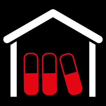 Drugs Garage raster icon. Style is bicolor flat symbol, red and white colors, rounded angles, black background.