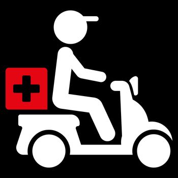 Drugs Motorbike Delivery raster icon. Style is bicolor flat symbol, red and white colors, rounded angles, black background.