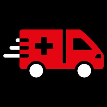 Emergency Car raster icon. Style is bicolor flat symbol, red and white colors, rounded angles, black background.