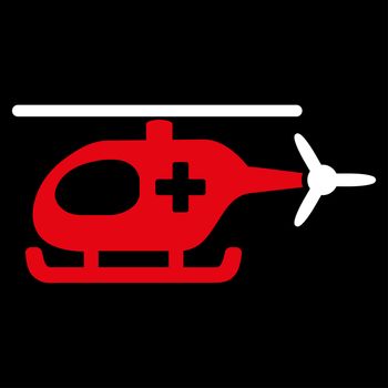 Emergency Helicopter raster icon. Style is bicolor flat symbol, red and white colors, rounded angles, black background.